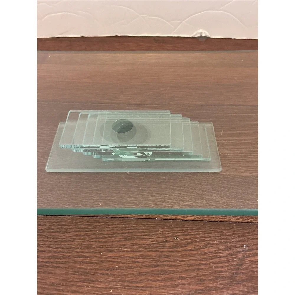 Sleek Modern Blue Green Tinted Stacked Glass Tray Snacks Vanity Display 13.5 X 9